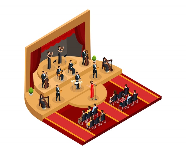 Isometric classical opera performance concept with female singer and musicians on stage in front of audience isolated 