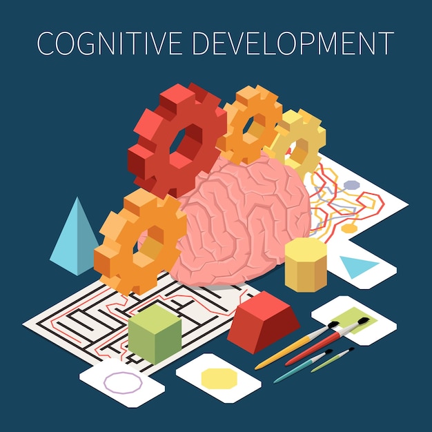 Free Vector isometric cognitive development composition with 3d images of brain cogwheels and tools for preschool education vector illustration