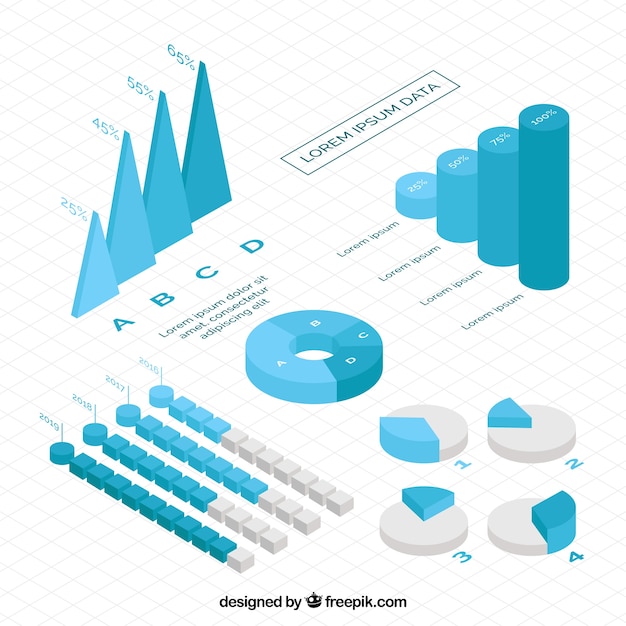 Isometric collection of infographic charts in blue tones