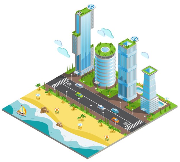 Isometric colored futuristic skyscrapers composition with piece of ocean and sandy beach