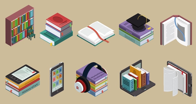 Isometric colorful books collection with bookshelf educational literature and ebooks on different devices isolated