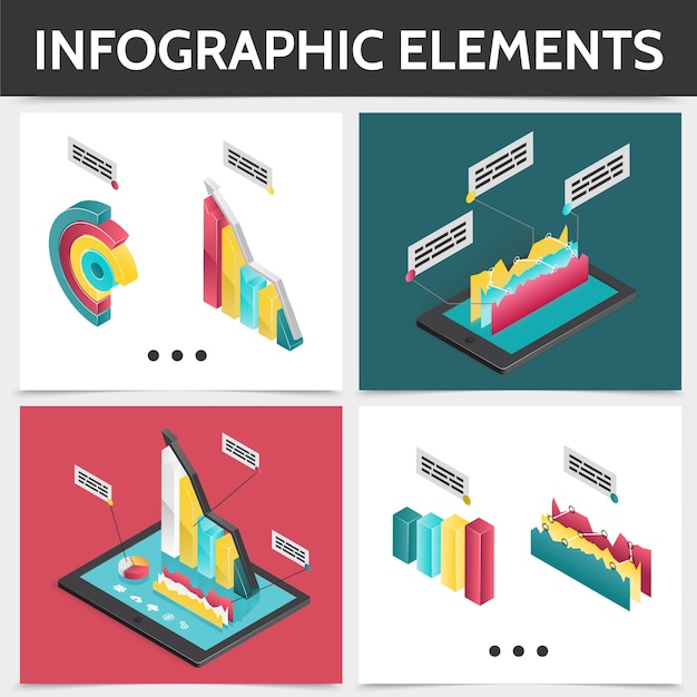 Isometric colorful square infographic concept with 3d business diagrams bars charts and graphs illustration