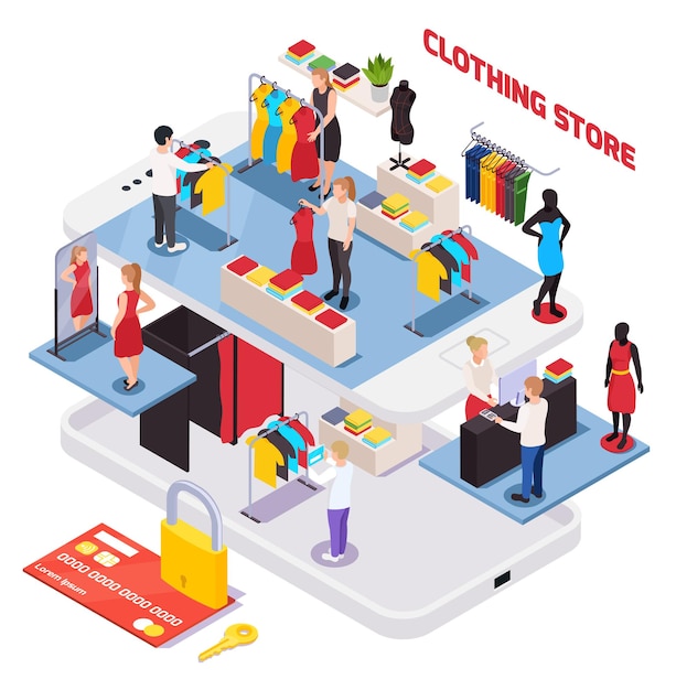 Isometric composition with clothing store interior credit card and customers choosing clothes