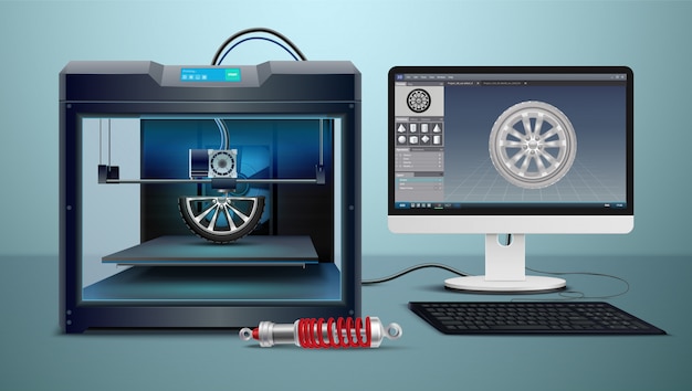 Isometric composition with computer and 3d printing process vector illustration