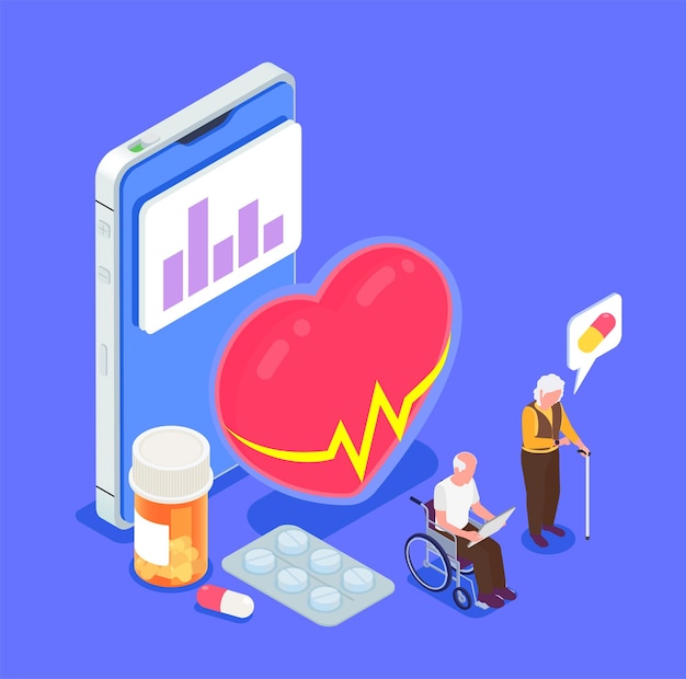 Isometric composition with elderly people and mobile app for health monitoring illustration