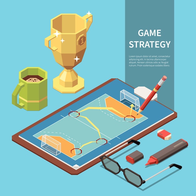 Free vector isometric composition with game strategy drawn on paper with sport field 3d  illustration