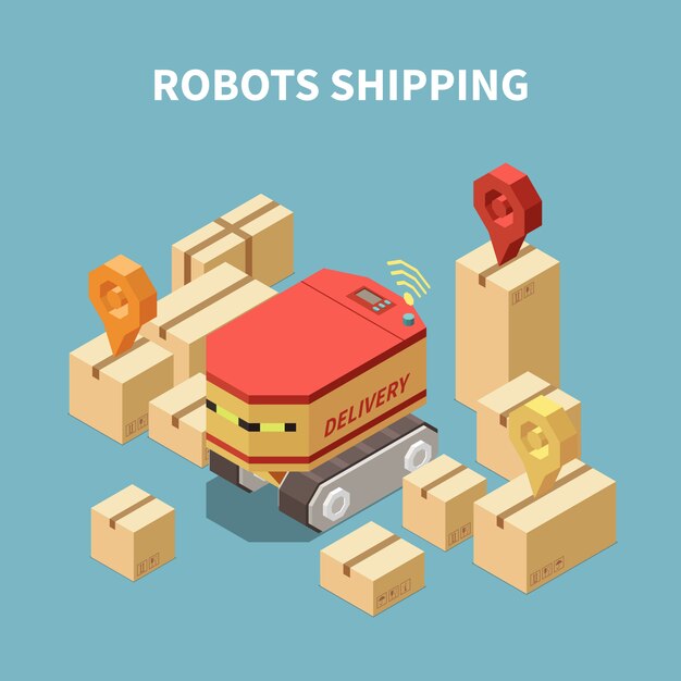 Isometric composition with robot delivering goods in cardboard boxes