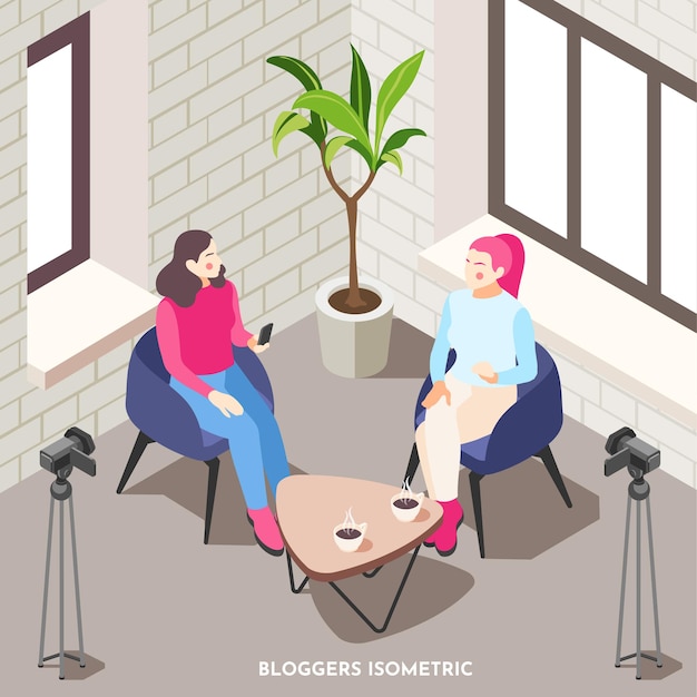 isometric composition with two female bloggers talking and taking video 3d