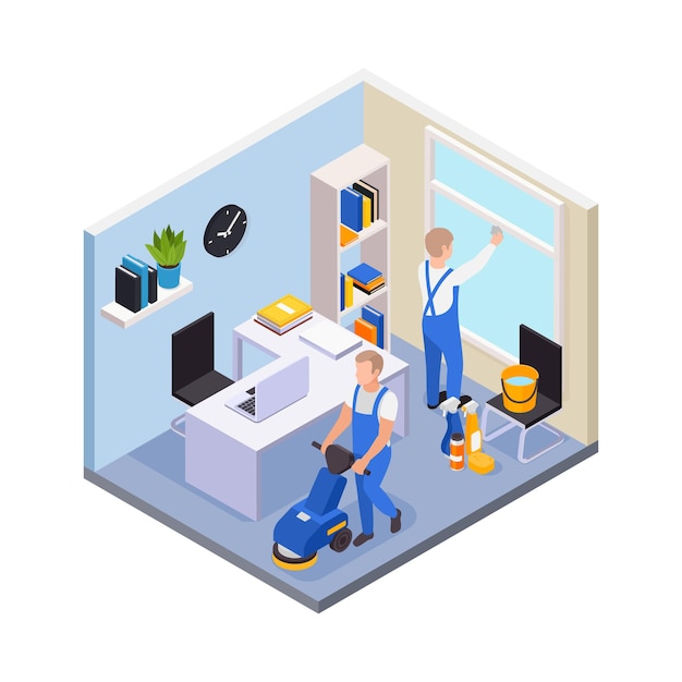 Isometric composition with two workers from professional cleaning service washing floor and windows in study or office room 3d vector illustration