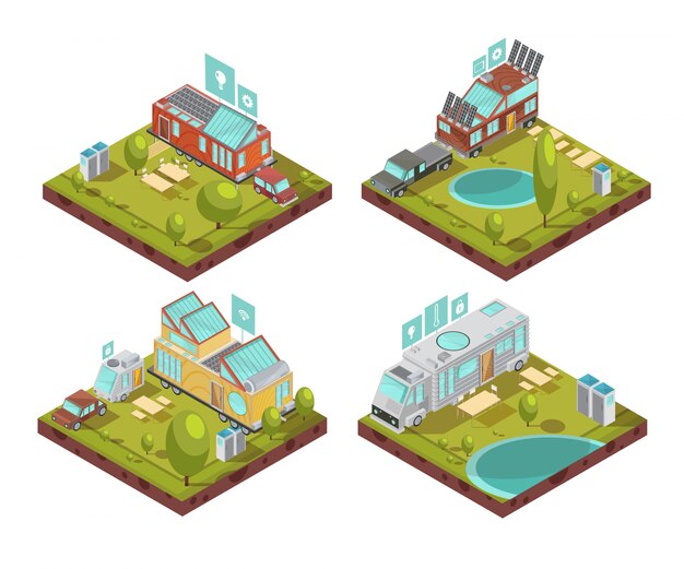 Free Vector isometric compositions with mobile house, roof solar panels, technologies icons at campsite in summertime isolated vector illustration   