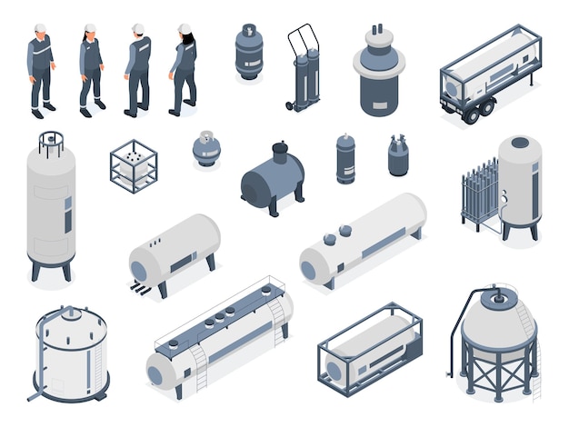 Free Vector isometric compressed gas people set of isolated icons with industrial storage tanks and characters of workers vector illustration