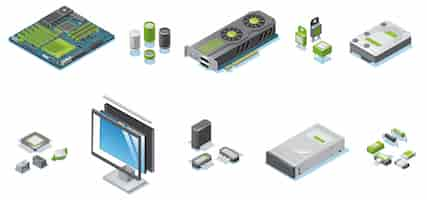 Free vector isometric computer hardware parts set with monitor and system unit electronic components and details isolated