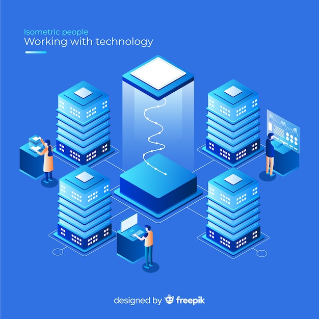 Isometric concept of people working with technology