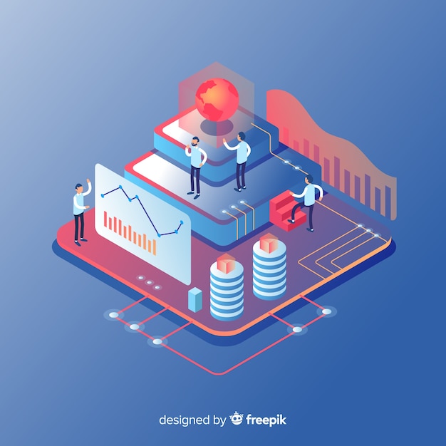 Isometric concept of people working with technology