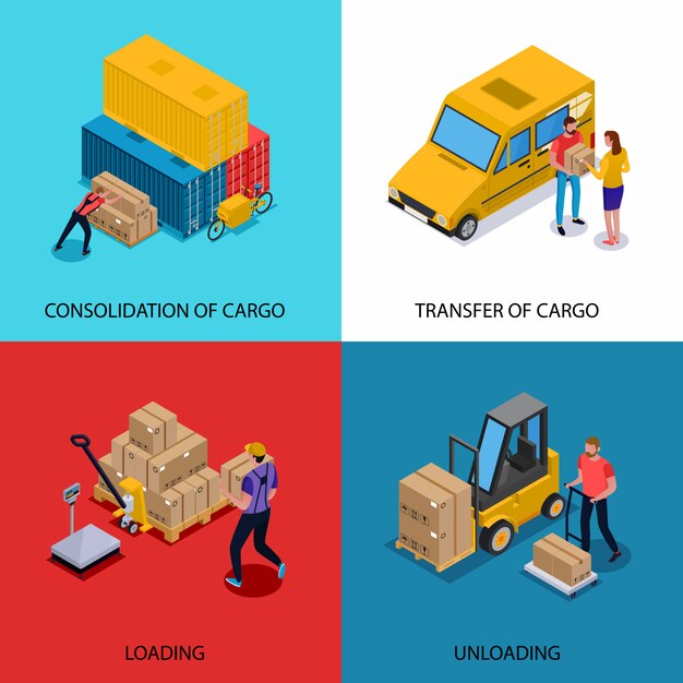 Isometric concept with consolidation loading unloading and delivery of cargoes isolated on colorful