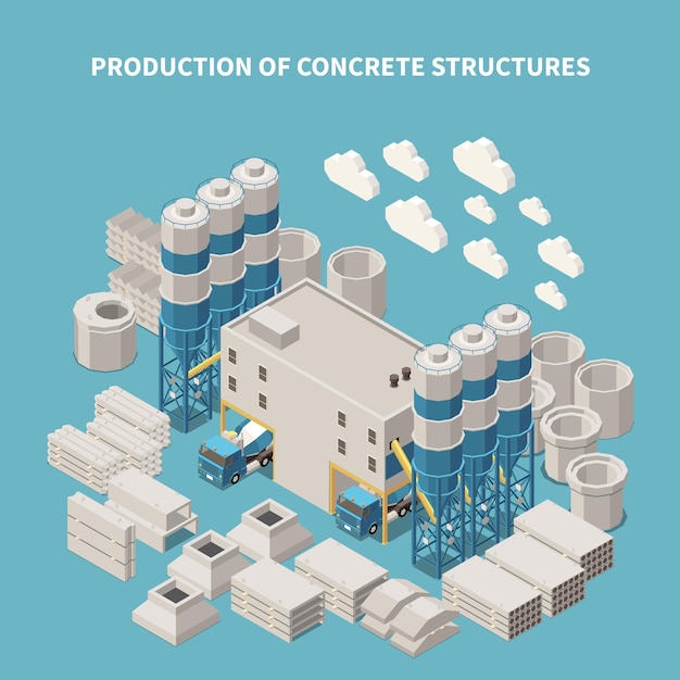 Isometric concrete cement production composition illustration