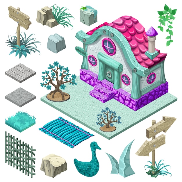 Free Vector isometric cottage and elements design.