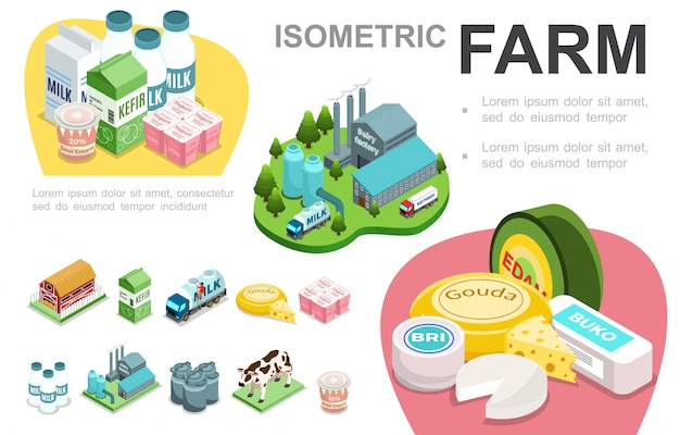 Isometric dairy industry infographic concept with factory cheese sour cream milk truck yogurt cow kefir