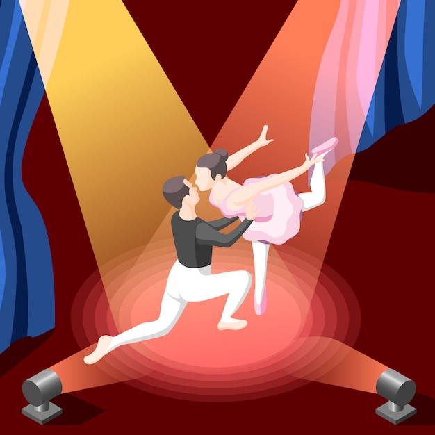 Isometric dancing couple under spotlights