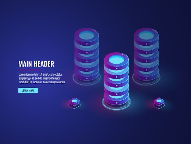 isometric database cloud storage concept, server room icon, big data processing