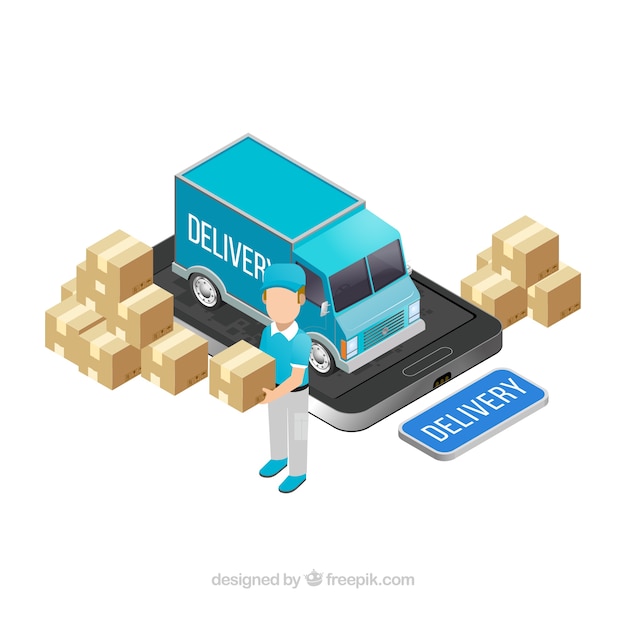 Free Vector isometric delivery with truck and smartphone