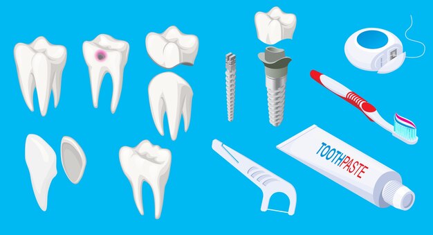 Isometric dental elements set with sick and healthy teeth implants toothpaste scraper toothbrush floss isolated