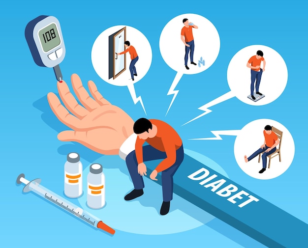 Free Vector isometric diabetes composition with text and human character with thought bubbles life situations and insulin syringe vector illustration