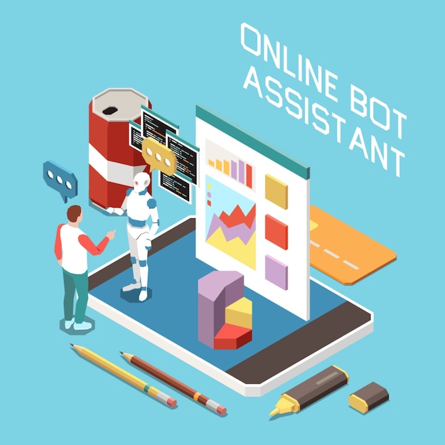 Isometric digitization composition with man talking to online bot assistant