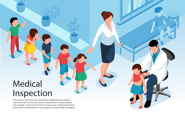 Isometric doctor pediatrician with queue of children illustration