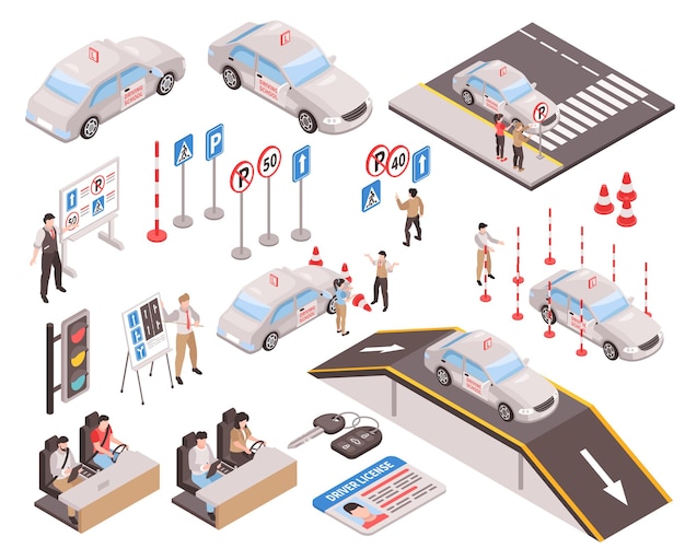 Free Vector isometric driving school icon set specially equipped vehicles for learning to drive teachers explain the rules of road different types of road signs cones drivers license and car keys vector illustrat