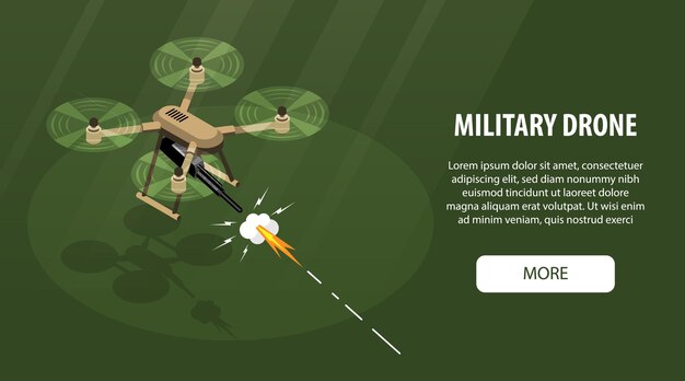 Isometric  drone  horizontal  banner  with  editable  text  more  button  and  image  of  flying  quadcopter  with  gun    illustration