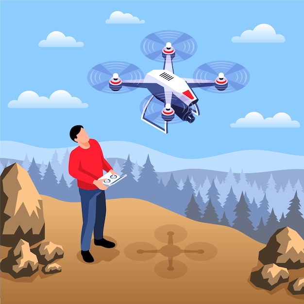 Free Vector isometric drone operator composition with wild outdoor landscape and man with remote device and flying quadcopter illustration