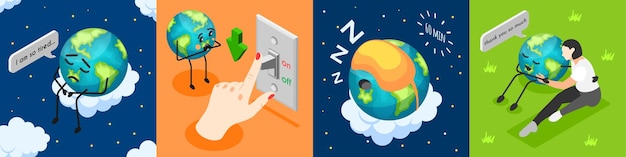 Isometric earth hour composition set with character of tired planet sleeping and thanking woman 3d isolated illustration