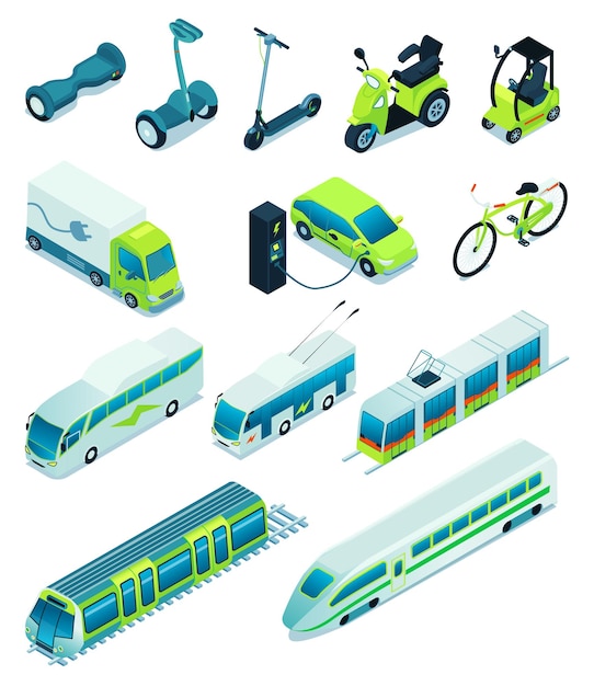 Free vector isometric electric transport ecology friendly vehicle icon set with bicycle scooter car scooter trolley bus highspeed train for example vector illustration