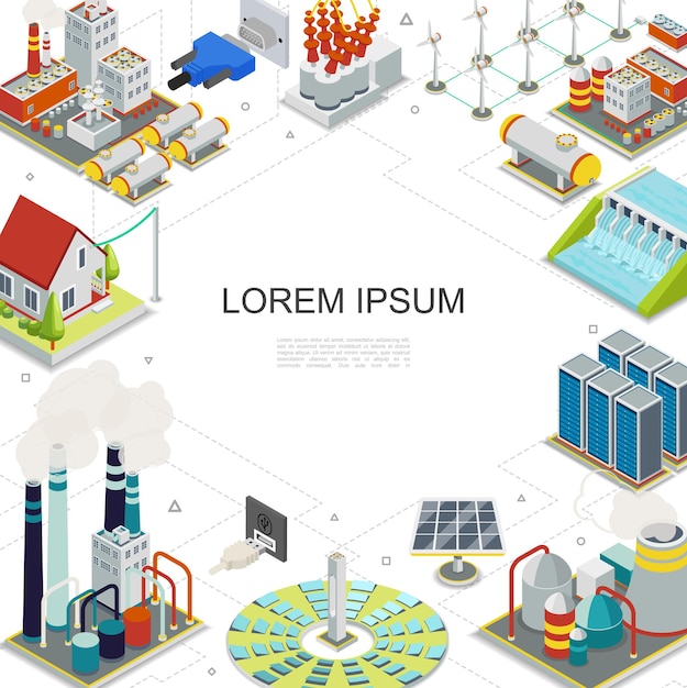 Free vector isometric electricity and energy template with hydroelectric geothermal fuel nuclear power stations solar panels windmills gas holders plugs sockets electric transformer  illustratrion