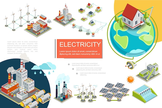 Free Vector isometric electricity infographics with fuel geothermal hydroelectric nuclear power stations biomass energy factory windmills electric transmission line solar panels  illustration