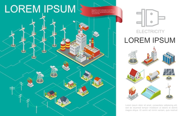 Free Vector isometric electricity production composition with nuclear and hydroelectric power stations windmills electric towers transmission energy storage solar panel houses  illustration