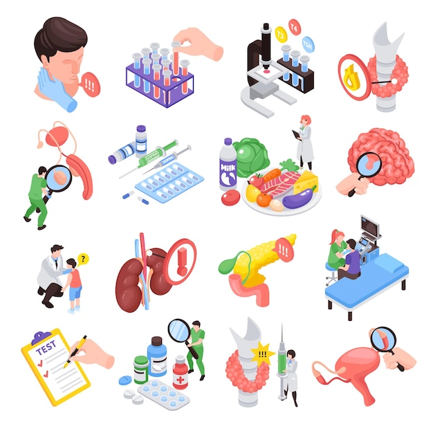 Free vector isometric endocrinologist colored icon set with test lab tools organs body research vector illustration