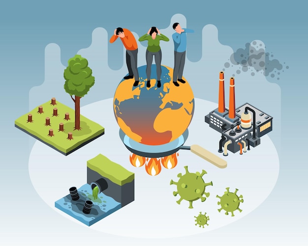 Isometric environmental problems concept with planet suffers from global warming and pollution vector illustration