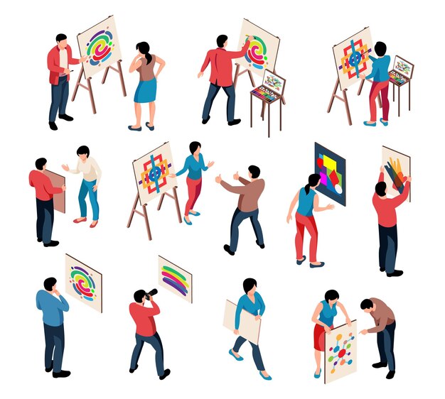 Isometric exhibition art gallery artist curator ser of isolated human characters with paintings on blank background vector illustration