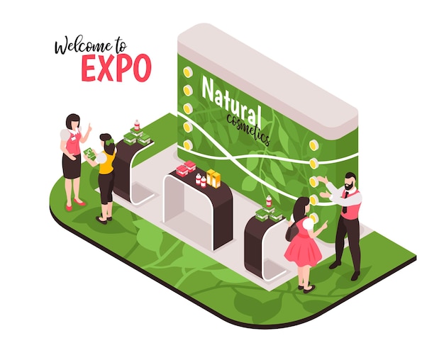 Free Vector isometric expo stand composition with people characters on exhibition booth illustration