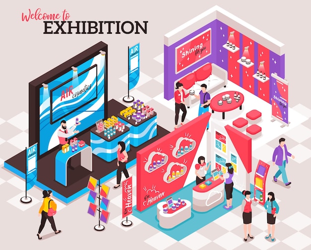 Free Vector isometric expo stand design concept of exhibition booth design illustration