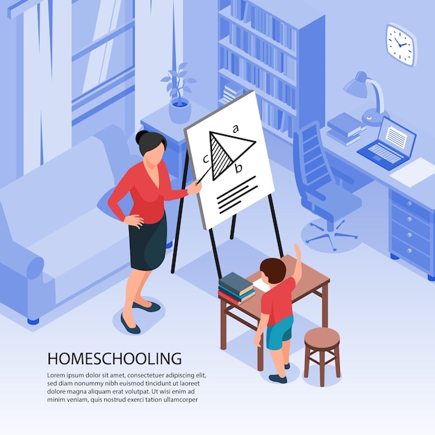 Free Vector isometric family homeschooling illustration