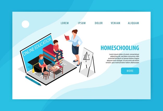 Isometric family homeschooling landing page concept