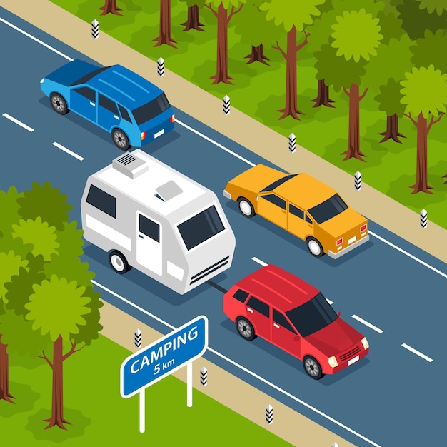 Isometric family trip square composition with outdoor scenery and motorway route with camper van and cars illustration