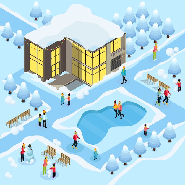 Isometric family on winter holidays template with snowboarding skating skiing snowman snowy building and trees