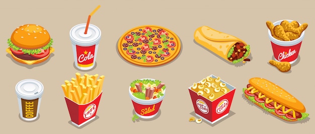 Isometric fast food collection with different products and drinks