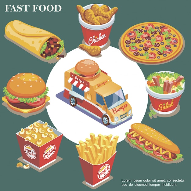 Free Vector isometric fast food composition with street food truck doner chicken legs pizza salad hot dog french fries popcorn bucket burger isolated