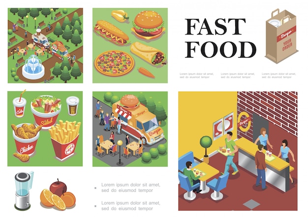 Free Vector isometric fast food composition with street food trucks fastfood restaurant fruits vegetables burger pizza doner hot dog cola coffee salad french fries