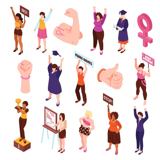 Isometric feminism set of isolated fists and characters of women protesting and picketing for equal rights vector illustration